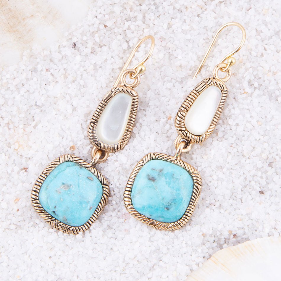 White Mother of Pearl and Blue turquoise Golden Bronze Drop Earrings - Barse Jewelry