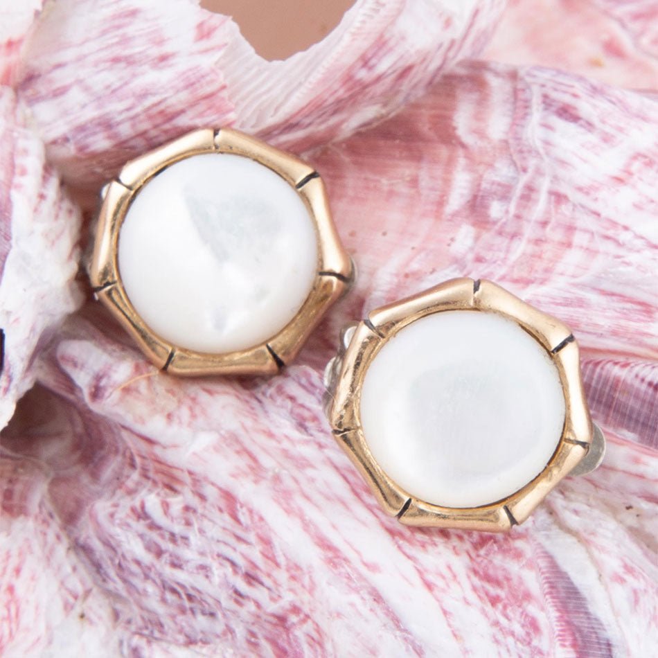 White Mother of Pearl Golden Bamboo Clip Earrings - Barse Jewelry