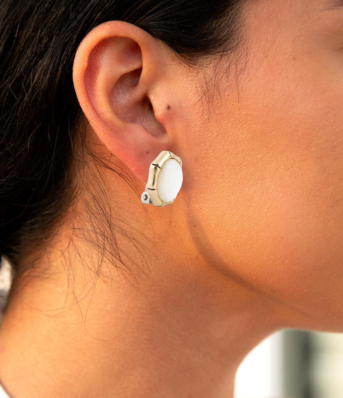 White Mother of Pearl Golden Bamboo Clip Earrings - Barse Jewelry