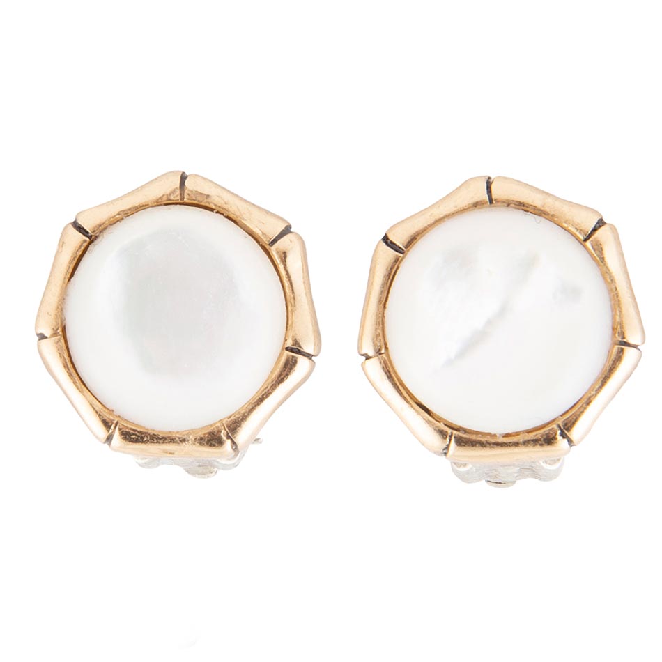White Mother of Pearl Golden Bamboo Clip Earrings - Barse Jewelry