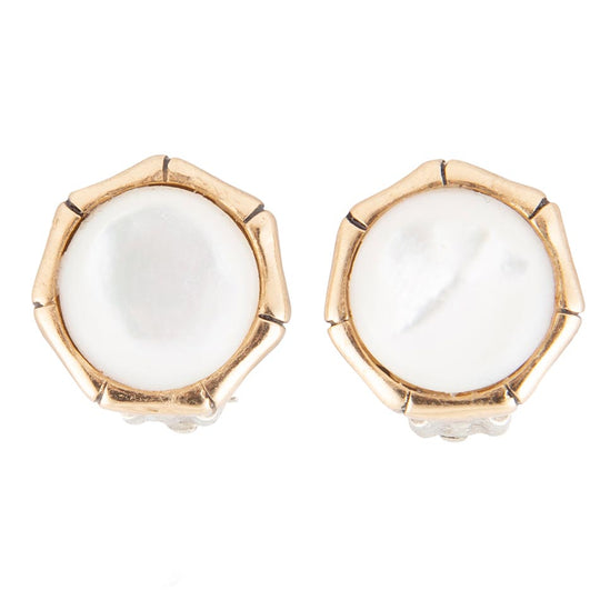 White Mother of Pearl Golden Bamboo Clip Earrings