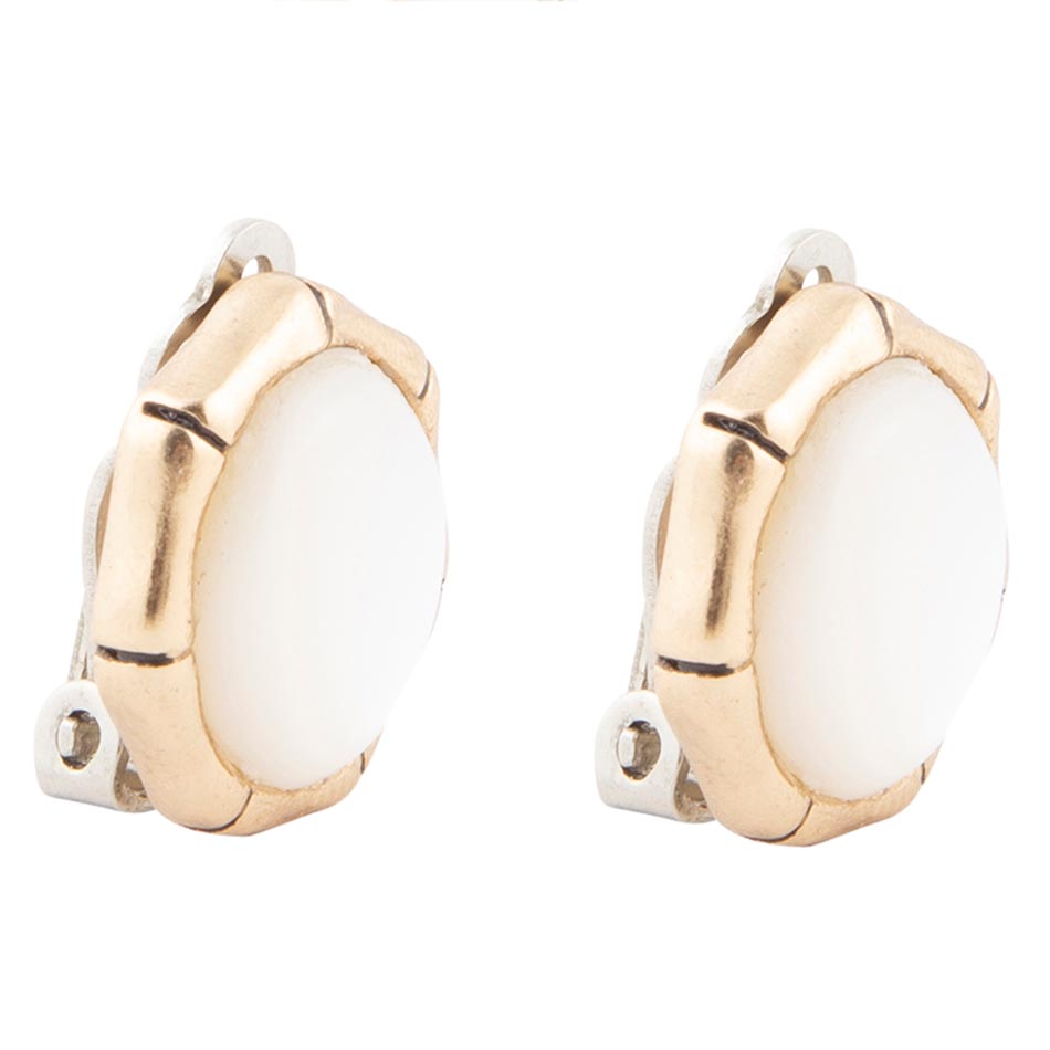 White Mother of Pearl Golden Bamboo Clip Earrings - Barse Jewelry