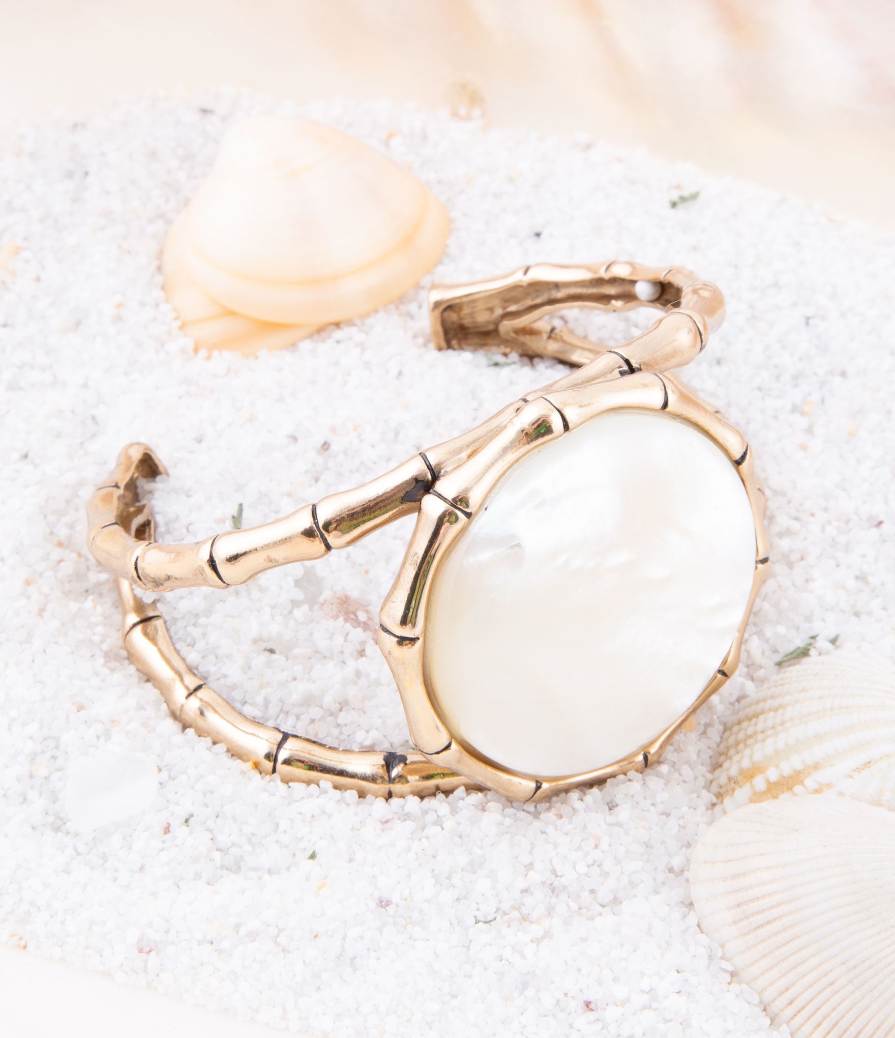White Mother of Pearl Golden Bamboo Cuff Bracelet - Barse Jewelry