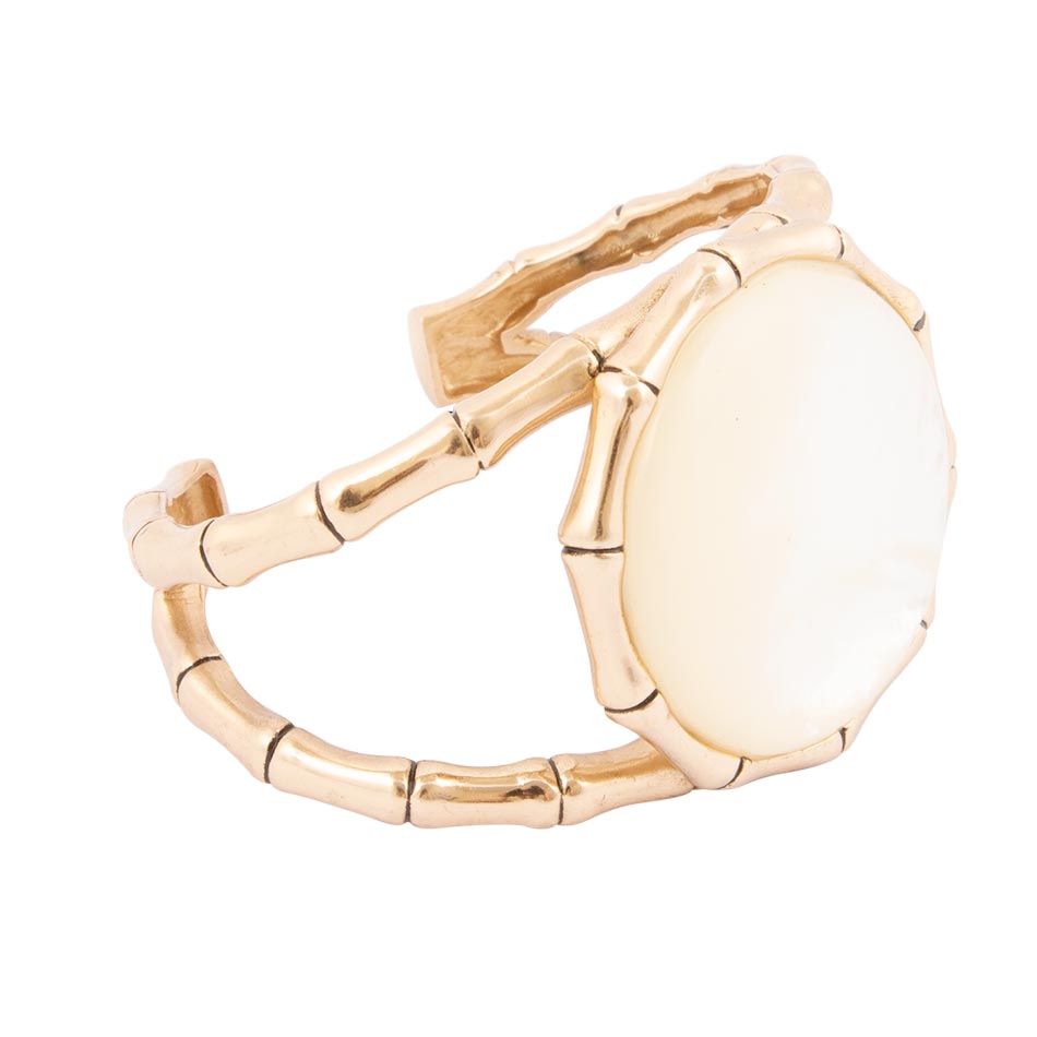 White Mother of Pearl Golden Bamboo Cuff Bracelet - Barse Jewelry