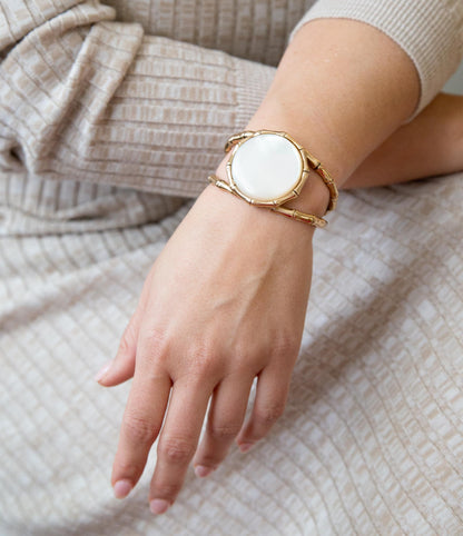 White Mother of Pearl Golden Bamboo Cuff Bracelet - Barse Jewelry
