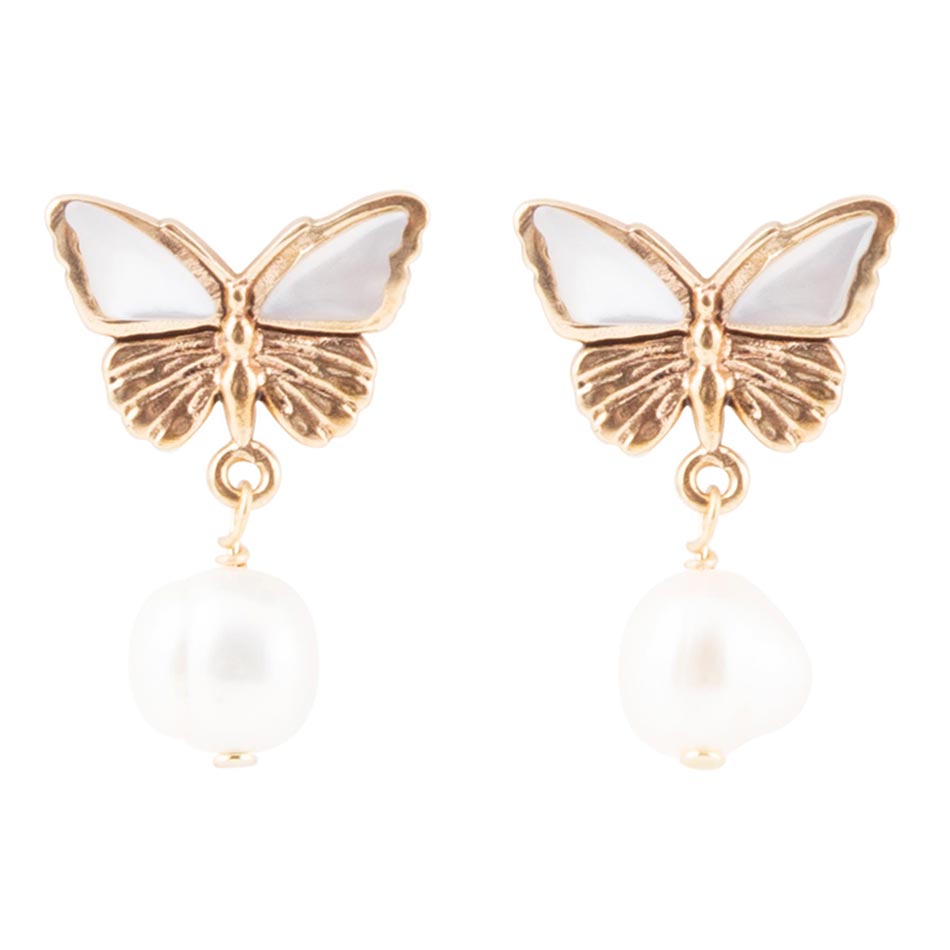 White Mother of Pearl Golden Butterflies Post Drop Earrings - Barse Jewelry
