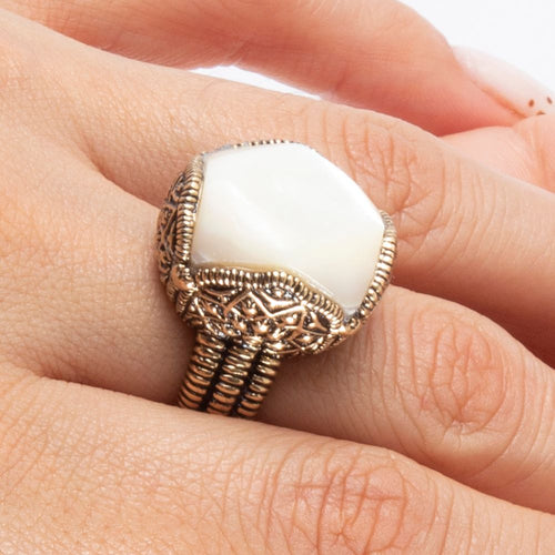 White Mother of Pearl Golden Chunky Ring - Barse Jewelry
