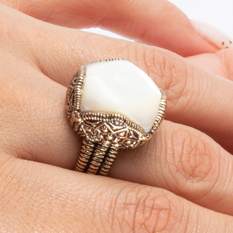 White Mother of Pearl Golden Chunky Ring - Barse Jewelry