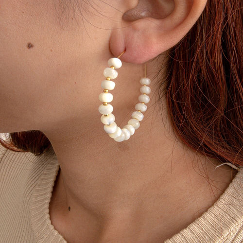 White Mother of Pearl Golden Hoop Earrings - Barse Jewelry