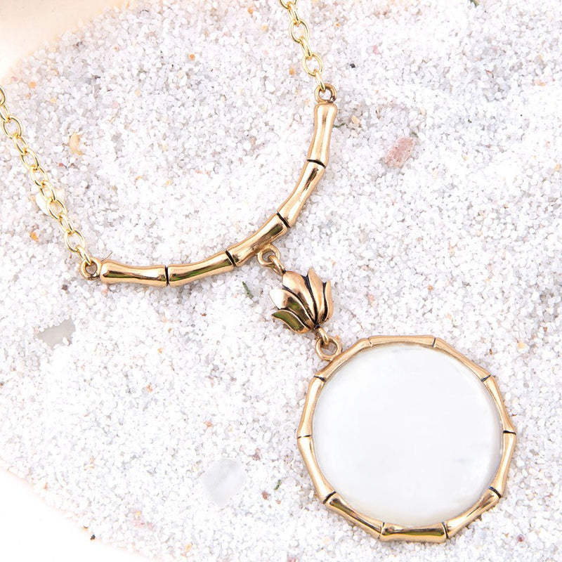 White Mother of Pearl Golden Statement Pendant Necklace - Barse Jewelry