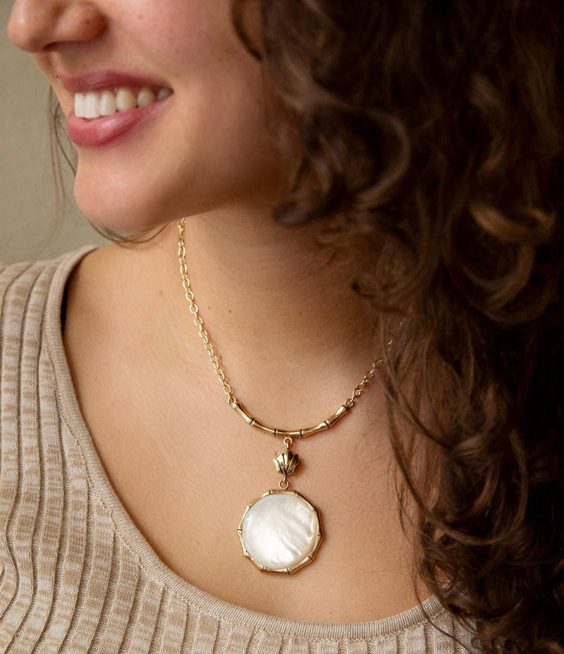 White Mother of Pearl Golden Statement Pendant Necklace - Barse Jewelry