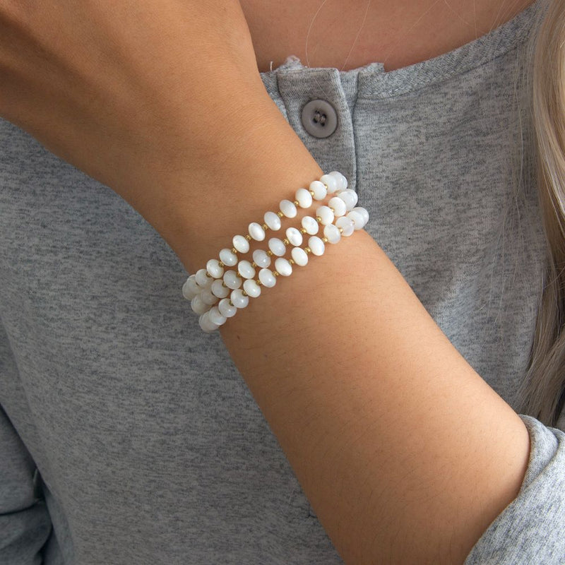White Mother of Pearl Golden Stretch Bracelet Set - Barse Jewelry