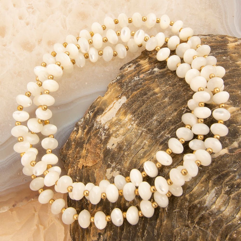 White Mother of Pearl Golden Stretch Bracelet Set - Barse Jewelry