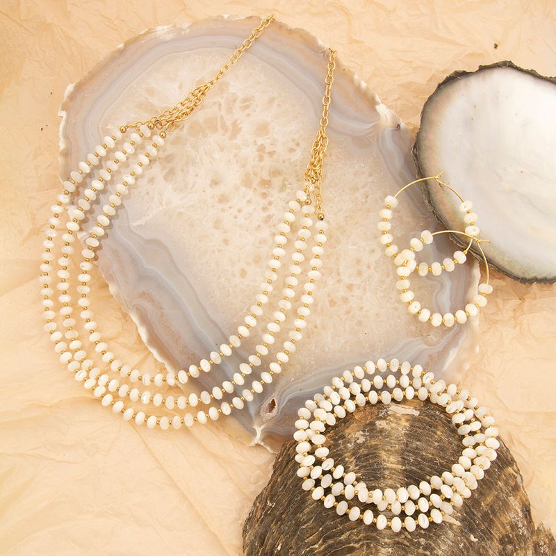 White Mother of Pearl Golden Stretch Bracelet Set - Barse Jewelry