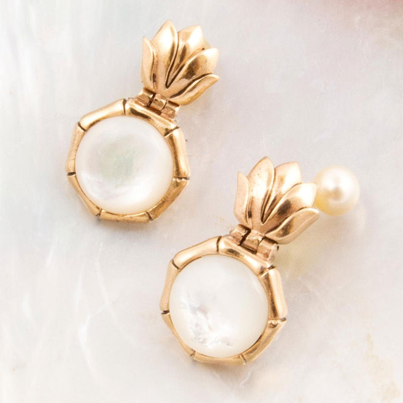 White Mother of Pearl Lotus Post Golden Drop Earrings - Barse Jewelry