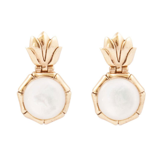 White Mother of Pearl Lotus Post Golden Drop Earrings