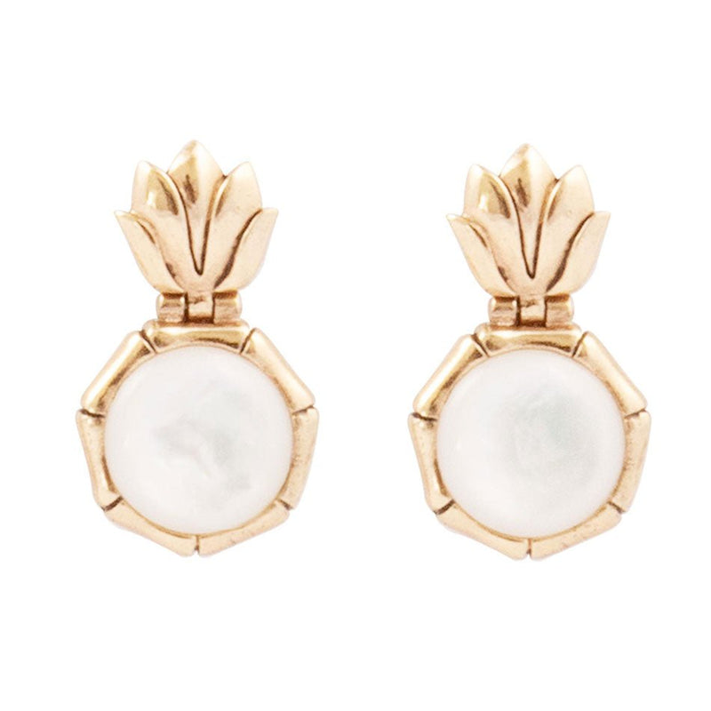 White Mother of Pearl Lotus Post Golden Drop Earrings - Barse Jewelry