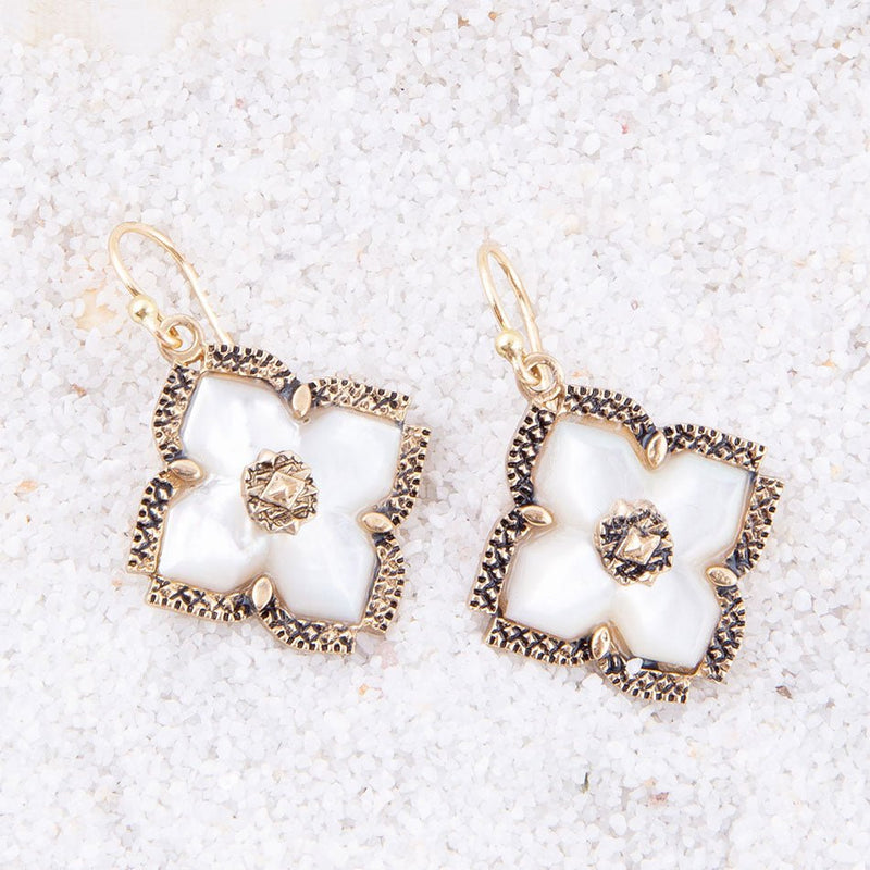 White Mother of Pearl Maltese Cross Golden Drop Earrings - Barse Jewelry