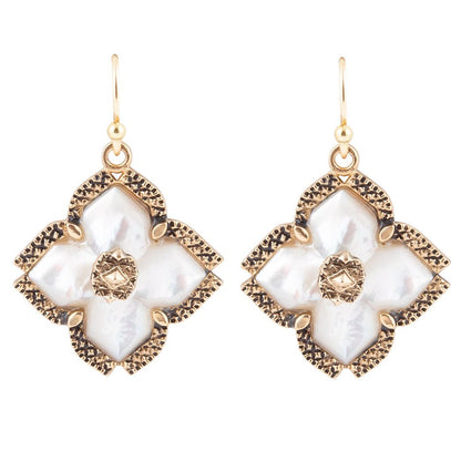 White Mother of Pearl Maltese Cross Golden Drop Earrings - Barse Jewelry