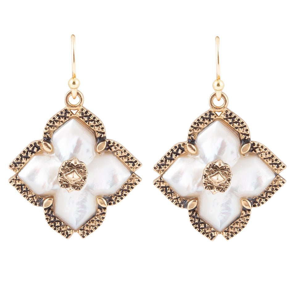 White Mother of Pearl Maltese Cross Golden Drop Earrings - Barse Jewelry