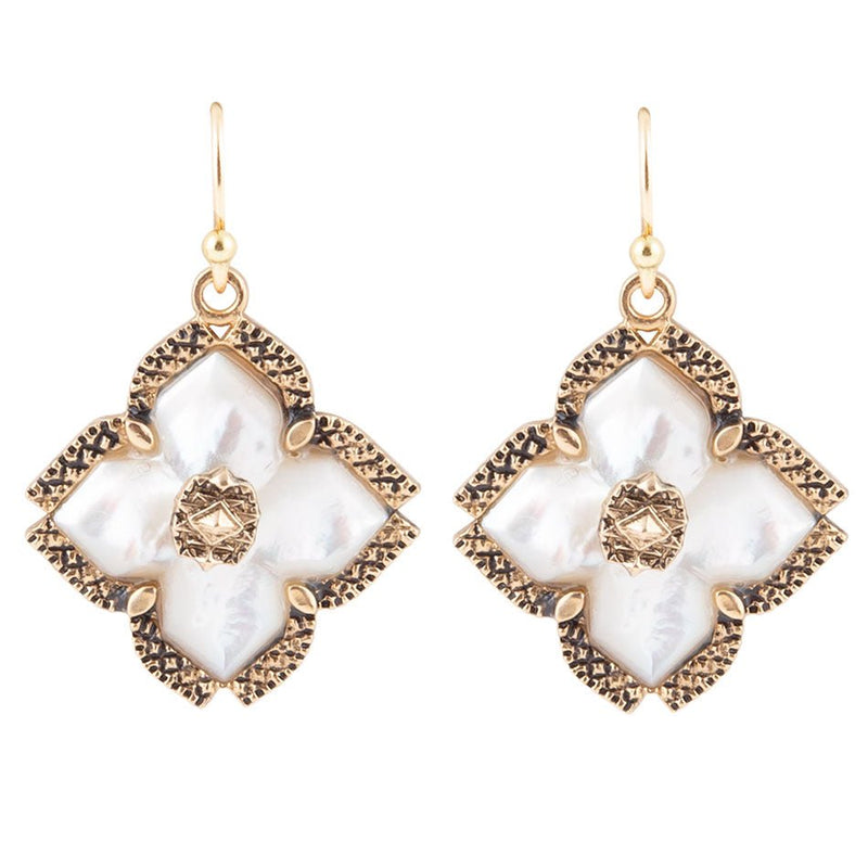 White Mother of Pearl Maltese Cross Golden Drop Earrings - Barse Jewelry