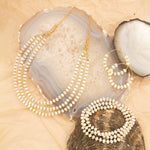 White Mother of Pearl Triple Strand Golden Necklace - Barse Jewelry