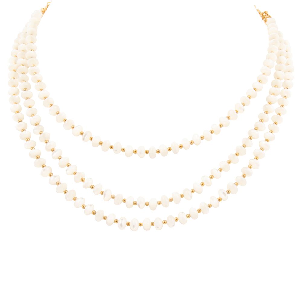 White Mother of Pearl Triple Strand Golden Necklace - Barse Jewelry
