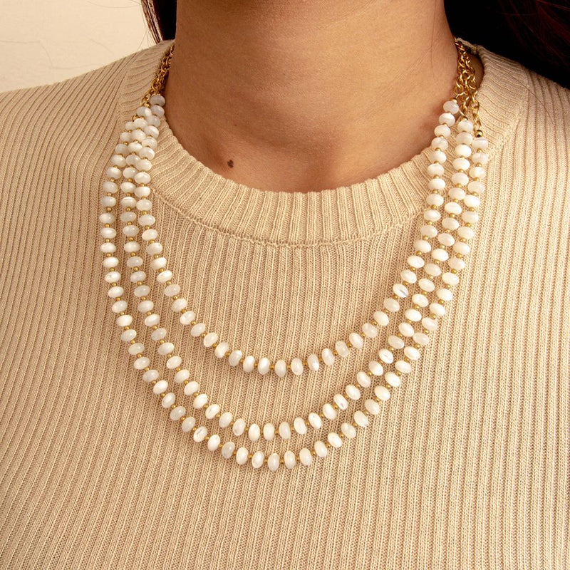 White Mother of Pearl Triple Strand Golden Necklace - Barse Jewelry