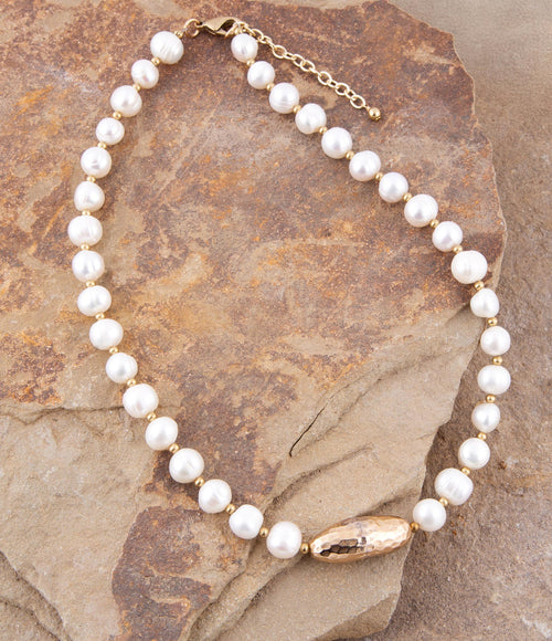 White Pearl Golden Necklace - Barse Jewelry