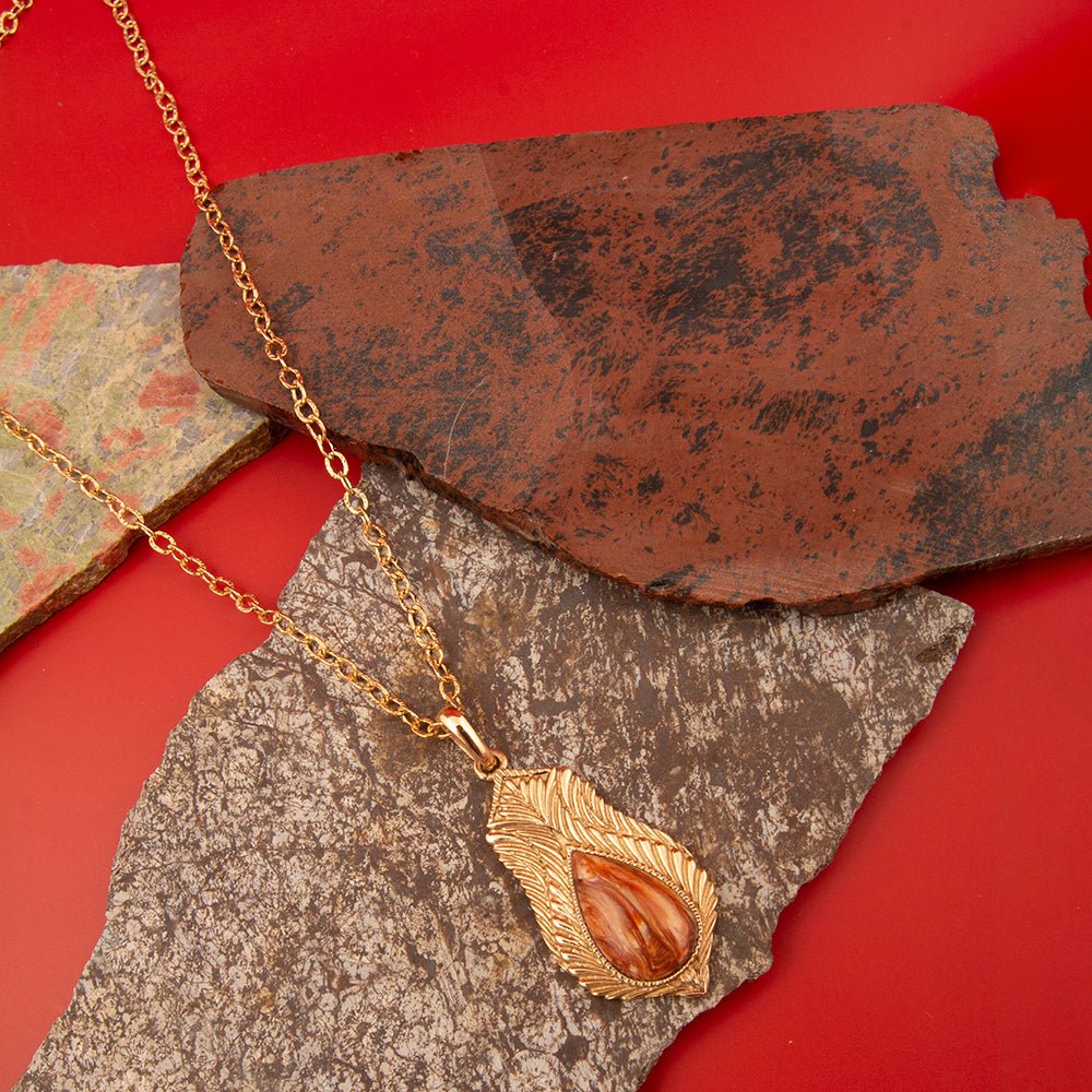 Winged Orange Copper Opal Golden Pendant Necklace - Barse Jewelry