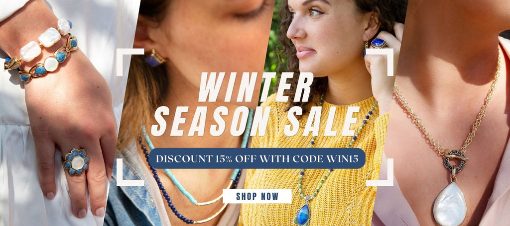 Jewelry sale advertisement with winter season text and discount offer.