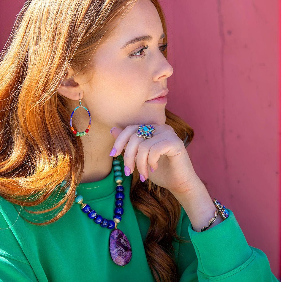 Zion Blue Turquoise Colorful Golden Cross Ring - Barse Jewelry