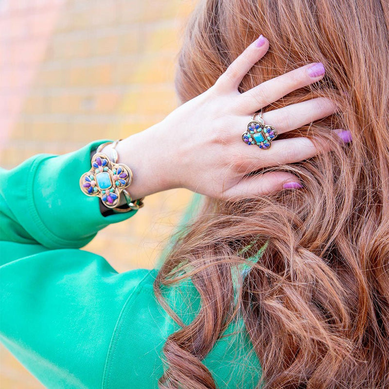 Zion Blue Turquoise Colorful Golden Cross Ring - Barse Jewelry
