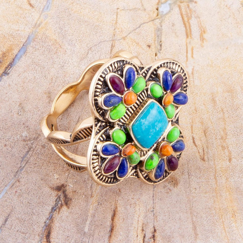 Zion Blue Turquoise Colorful Golden Cross Ring - Barse Jewelry