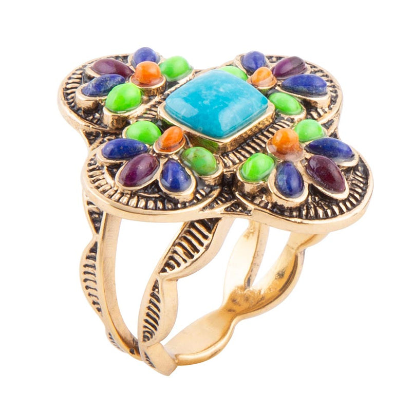 Zion Blue Turquoise Colorful Golden Cross Ring - Barse Jewelry