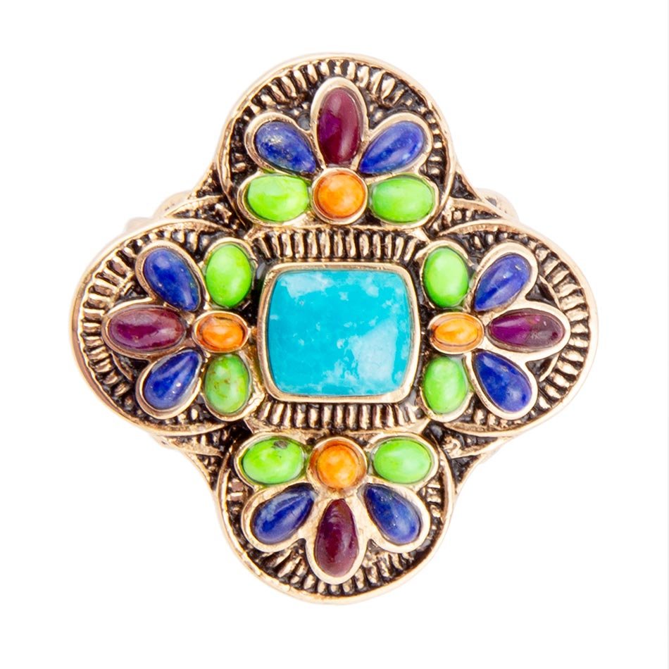 Zion Blue Turquoise Colorful Golden Cross Ring – Barse Jewelry