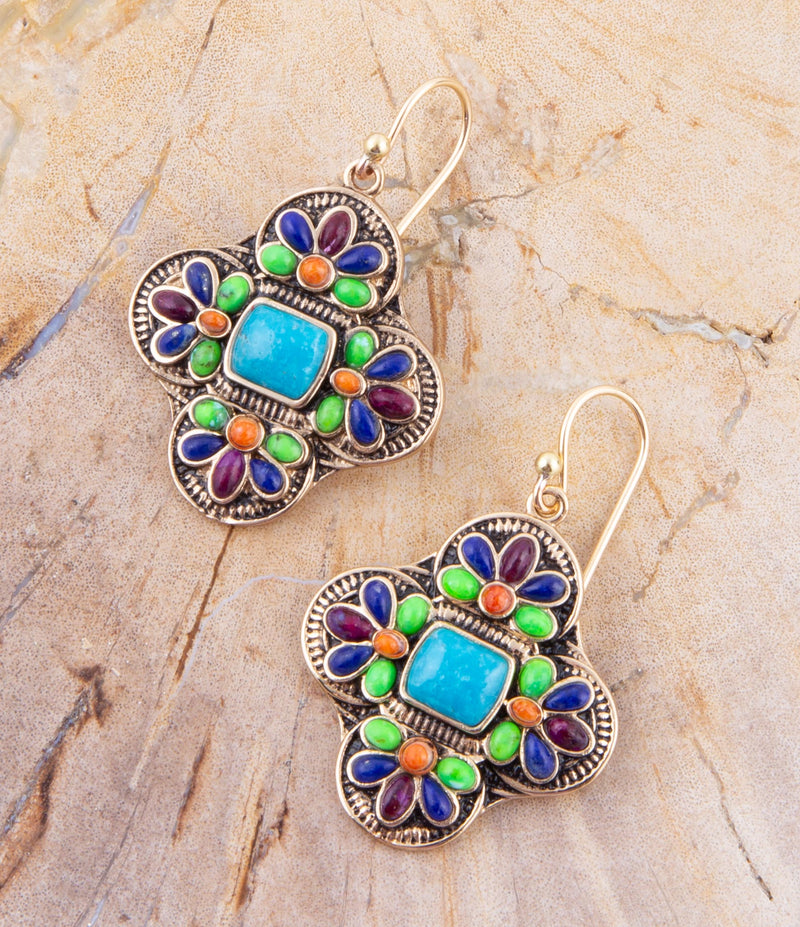 Zion Blue Turquoise Colorful Golden Cross Statement Earrings - Barse Jewelry
