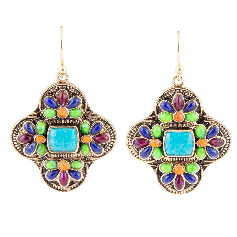 Zion Blue Turquoise Colorful Golden Cross Statement Earrings - Barse Jewelry
