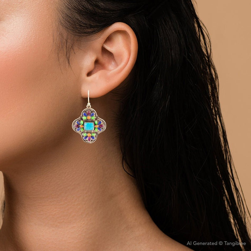 Zion Blue Turquoise Colorful Golden Cross Statement Earrings - Barse Jewelry