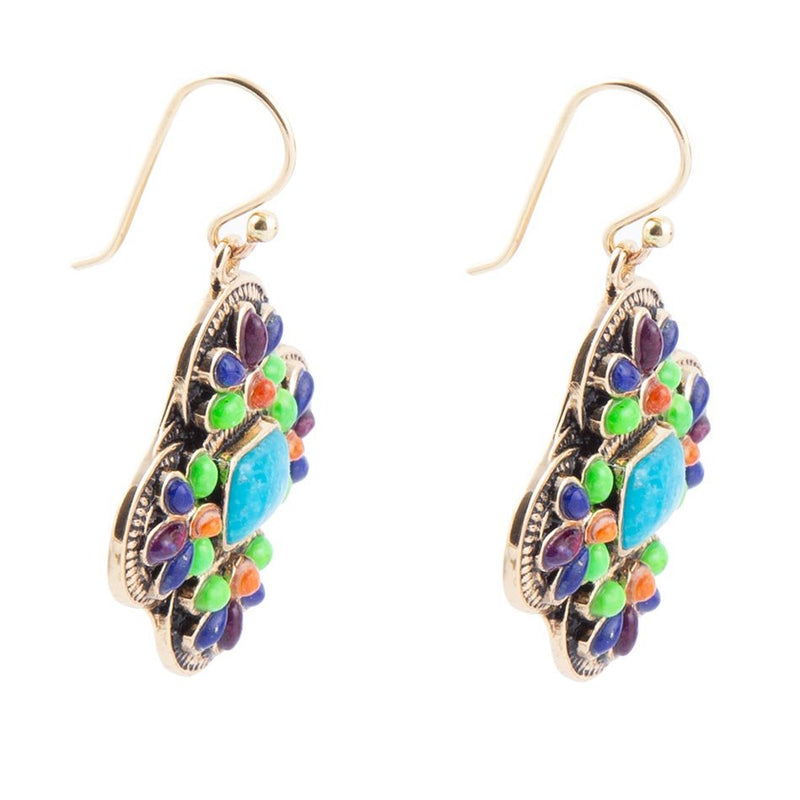 Zion Blue Turquoise Colorful Golden Cross Statement Earrings - Barse Jewelry