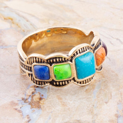 Zion Blue Turquoise Colorful Golden Ring - Barse Jewelry