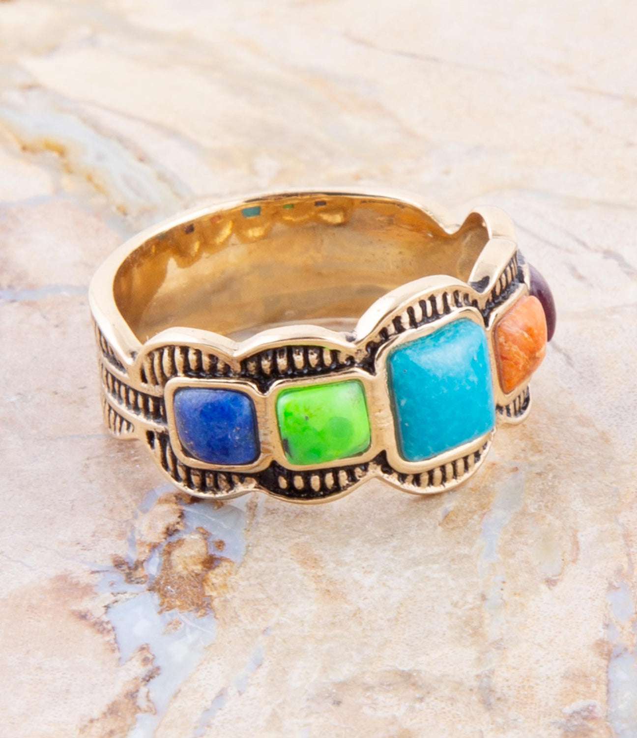 Zion Blue Turquoise Colorful Golden Cross Ring main image 0