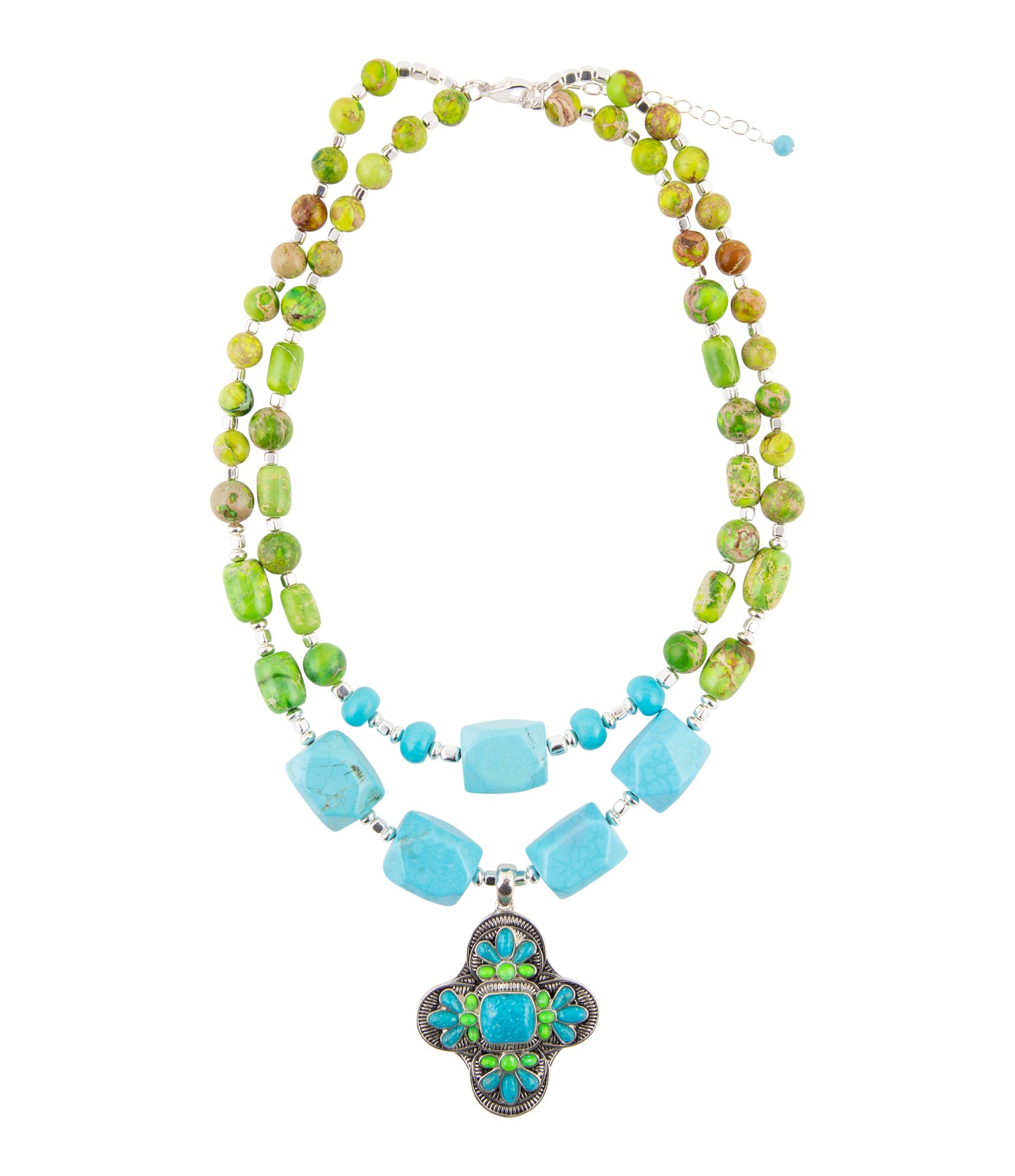 Zion Lime Green and Blue Turquoise and Sterling Silver Statement Necklace - Barse Jewelry