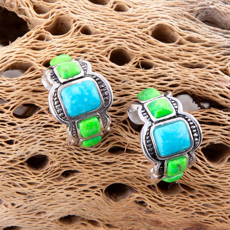 Zion Lime Green and Blue Turquoise Sterling Silver Hoop Earrings - Barse Jewelry