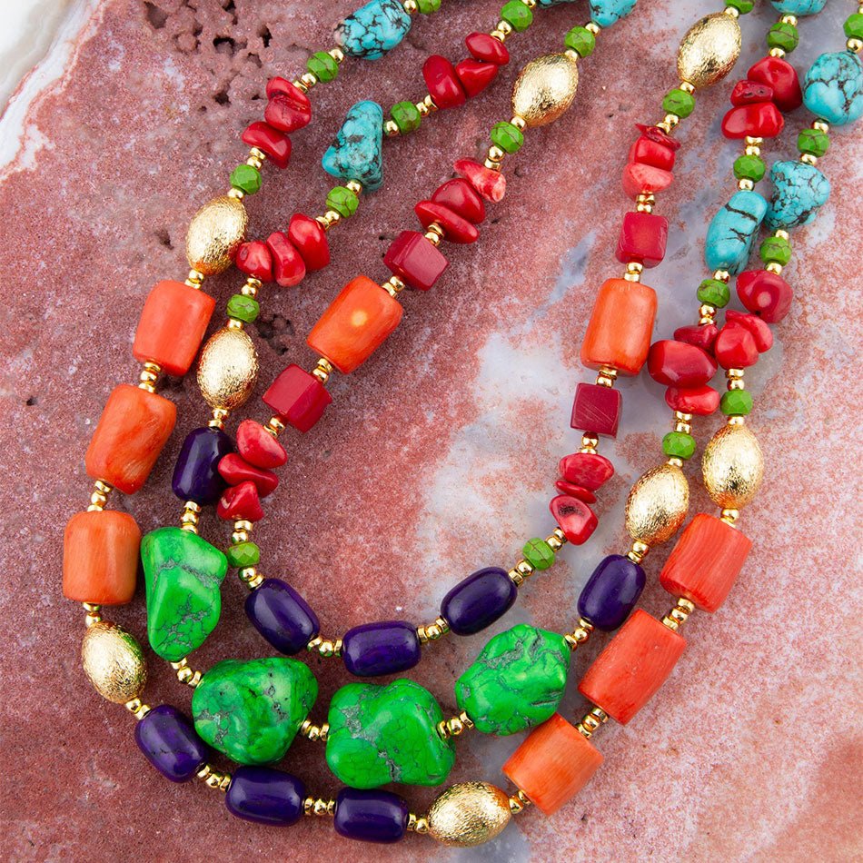 Zion Multi - Color Triple Strand Golden Statement Necklace - Barse Jewelry