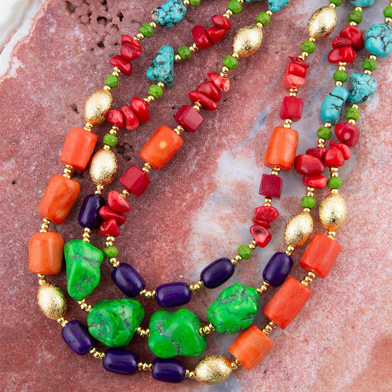 Zion Multi - Color Triple Strand Golden Statement Necklace - Barse Jewelry