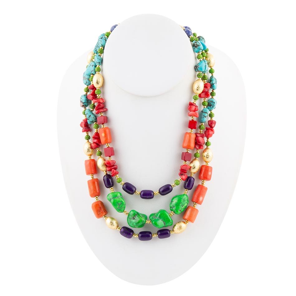 Zion Multi-Color Triple Strand Golden Statement Necklace - Barse Jewelry