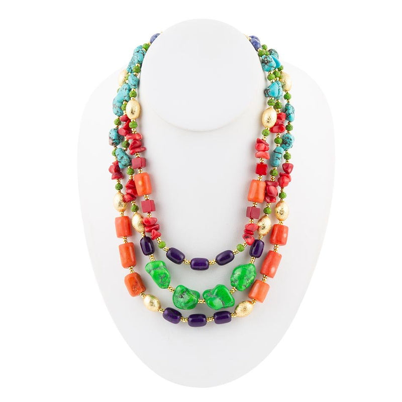 Zion Multi Color Triple Strand Golden Statement Necklace