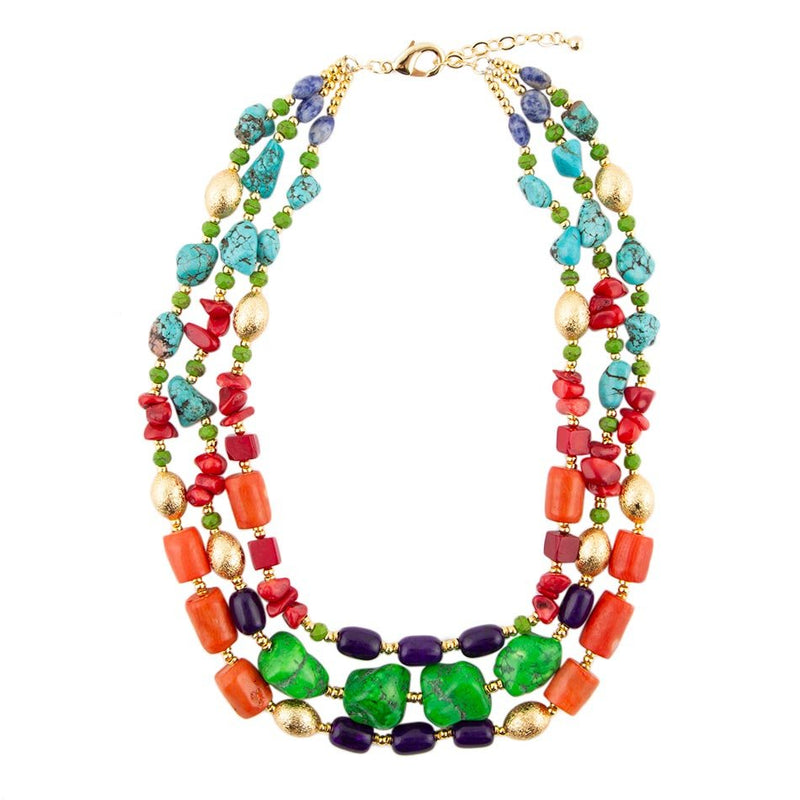Zion Multi-Color Triple Strand Golden Statement Necklace - Barse Jewelry