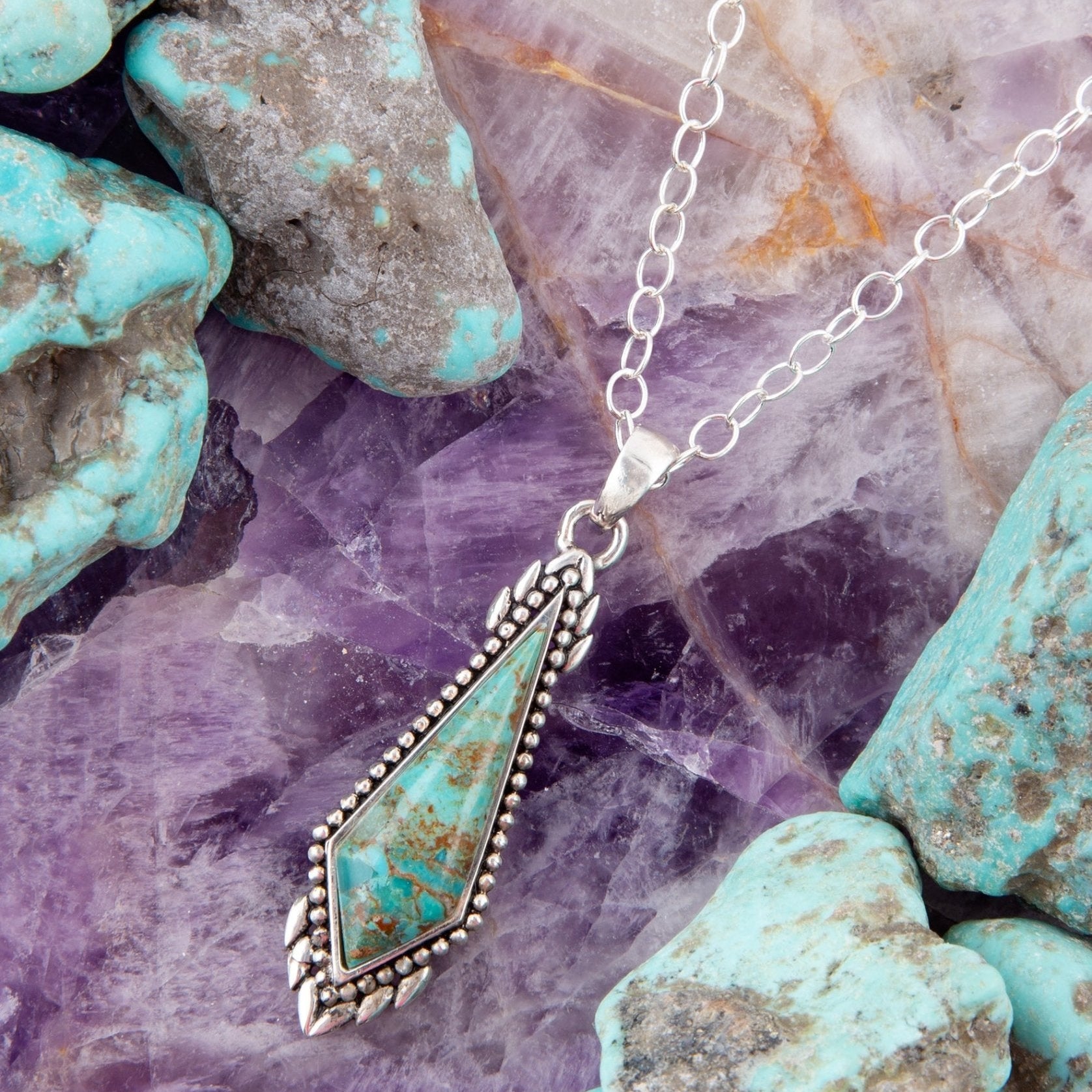 Anemone Long Diamond Turquoise and Sterling Silver Necklace - Barse Jewelry
